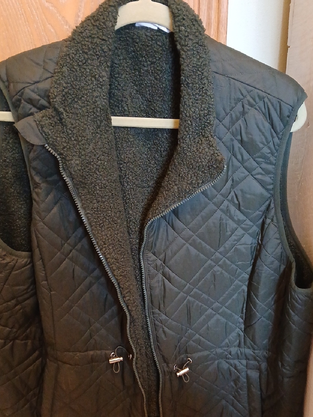 Time and Tru Quilted Sherpa Vest in Dark Olive